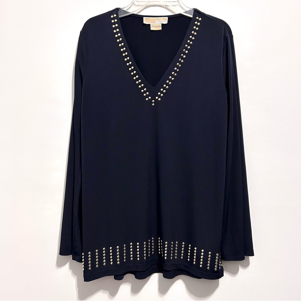🌸MICHAEL Michael Kors Women’s Navy Glam Blouse Tunic w/Gold Studded Embellished